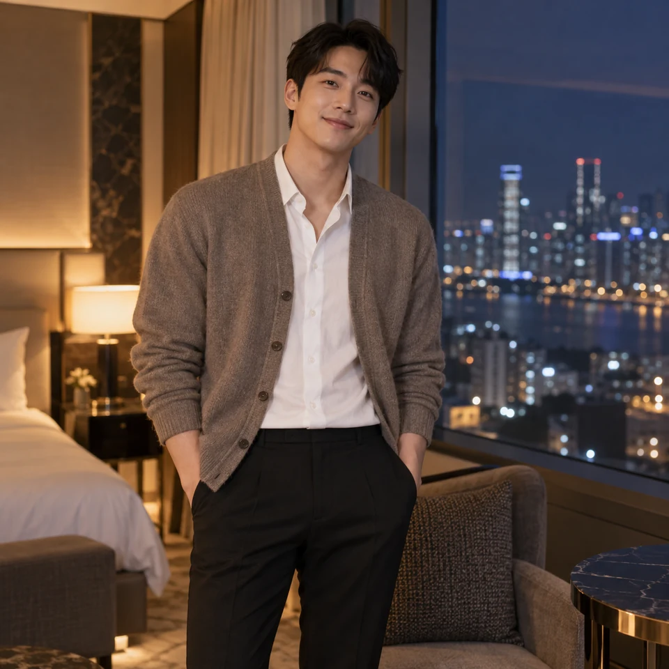 창원 여성전용마사지(토닥이) 코스 안내를 위한 야간 호텔의 성인 한국인 남성 모델