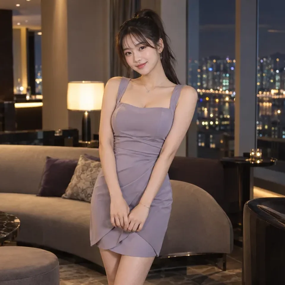 경기 코스 안내를 위한 야간 호텔의 성인 한국인 여성 모델