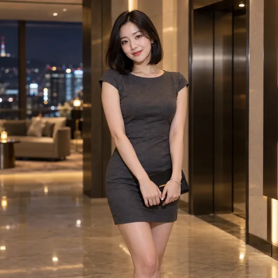 주요 생활권 코스 안내를 위한 야간 호텔의 성인 한국인 여성 모델