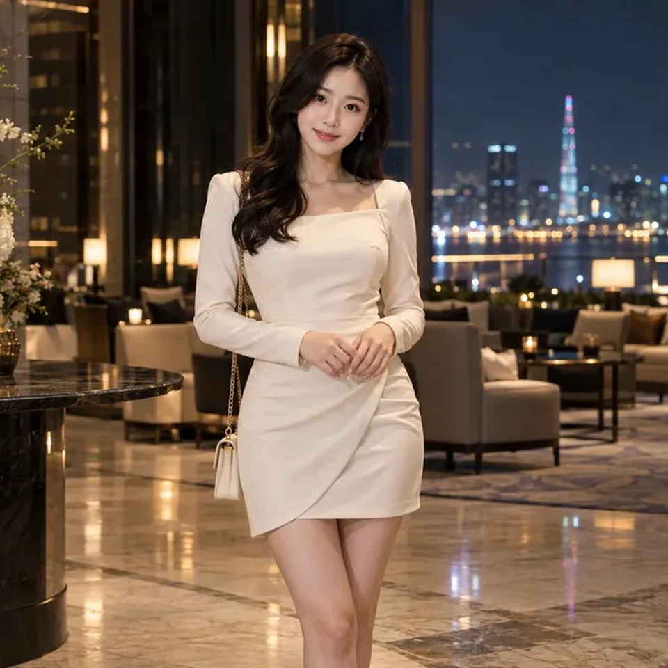 검단 코스 안내를 위한 야간 호텔의 성인 한국인 여성 모델