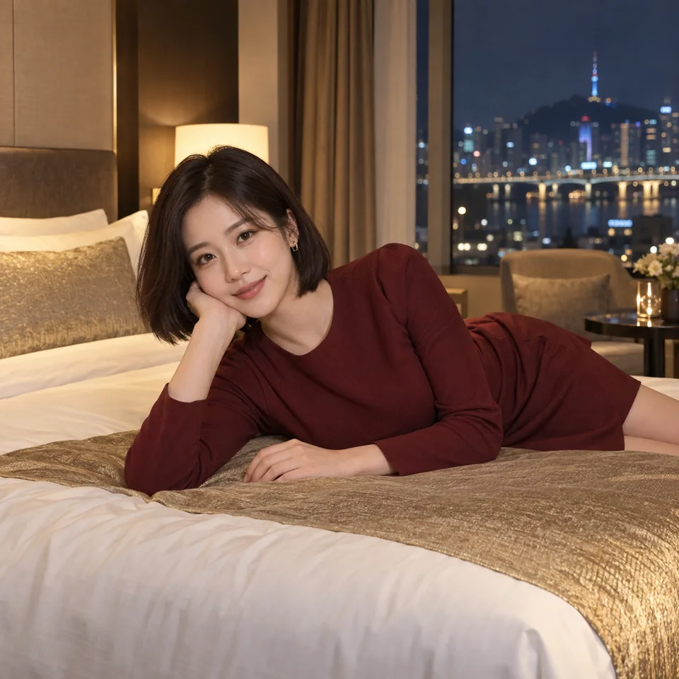 진해 코스 안내를 위한 야간 호텔의 성인 한국인 여성 모델