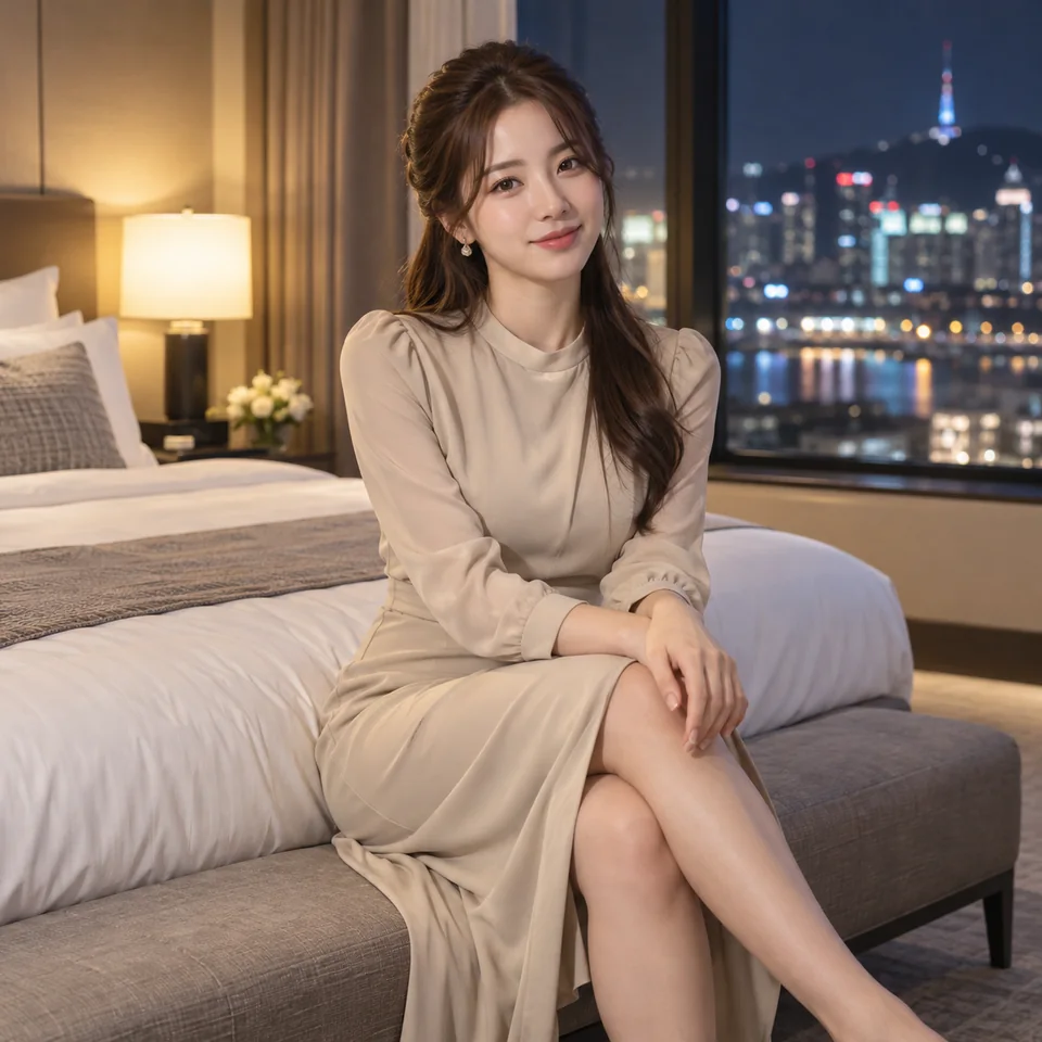 천안 코스 안내를 위한 야간 호텔의 성인 한국인 여성 모델