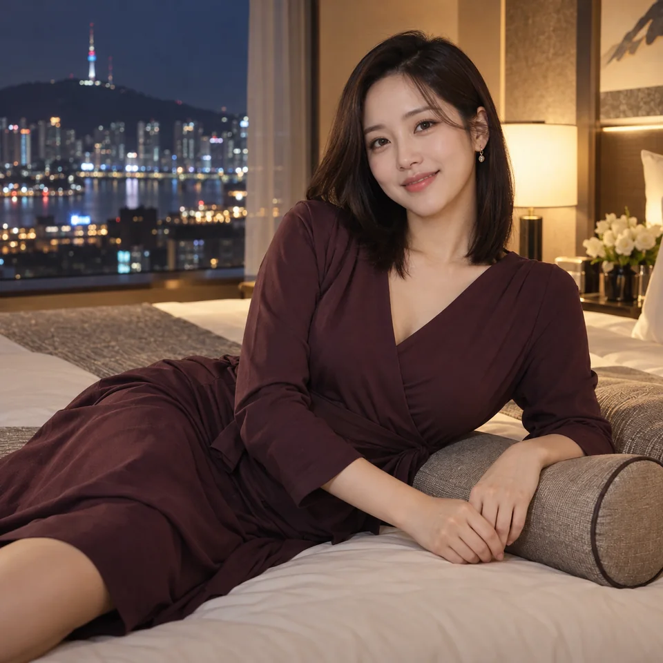 서초 코스 안내를 위한 야간 호텔의 성인 한국인 여성 모델