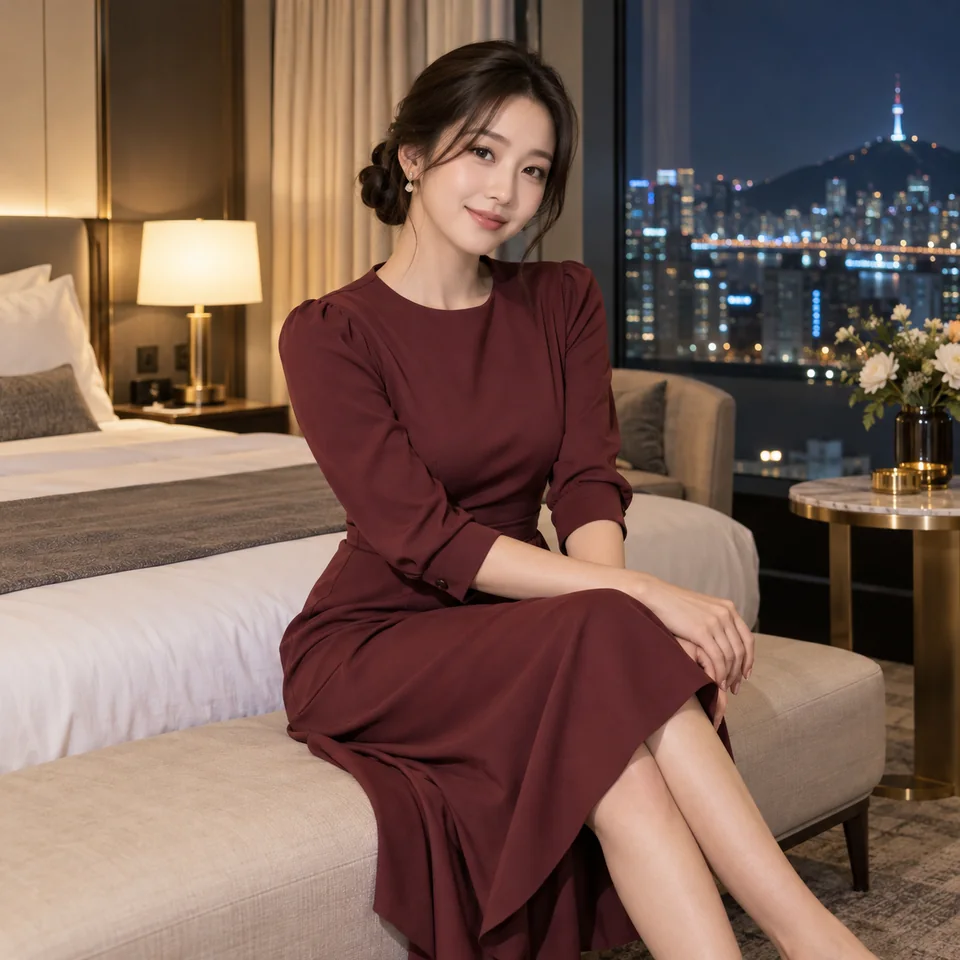 대전 코스 안내를 위한 야간 호텔의 성인 한국인 여성 모델