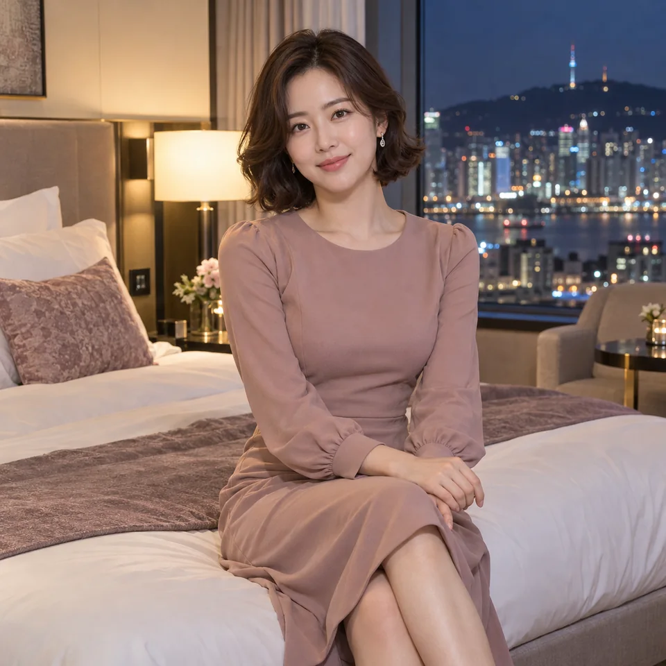 광주 코스 안내를 위한 야간 호텔의 성인 한국인 여성 모델