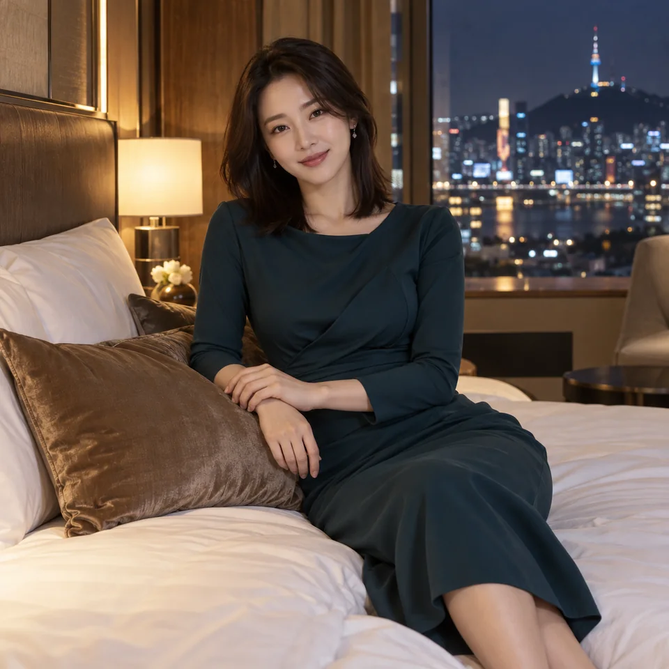 포항 코스 안내를 위한 야간 호텔의 성인 한국인 여성 모델