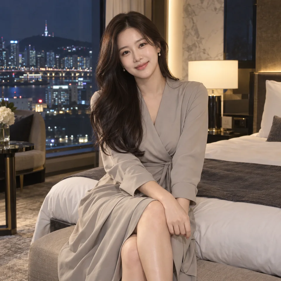 계양 코스 안내를 위한 야간 호텔의 성인 한국인 여성 모델